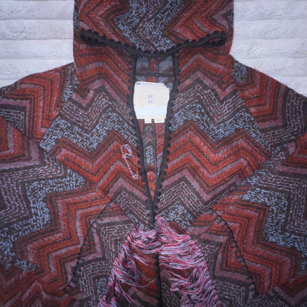 Anthro Hei Hei Mesilla Jacquard Fringe Hood Cardigan Oversized XS/S Western - Picture 10 of 16